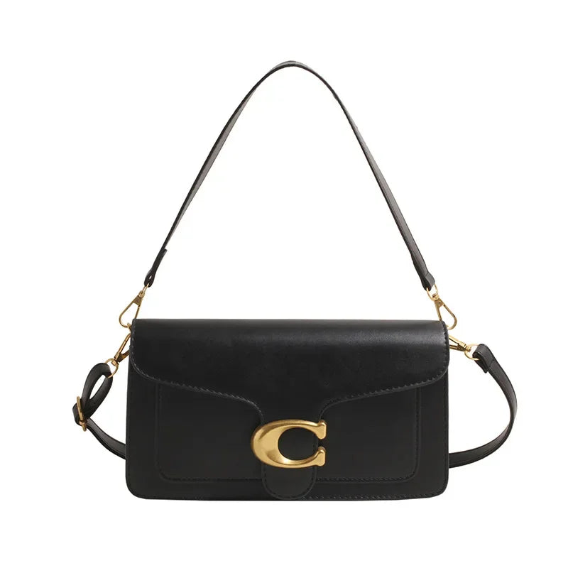 Minimalist Square Leather Crossbody Bag with Brass Buckle