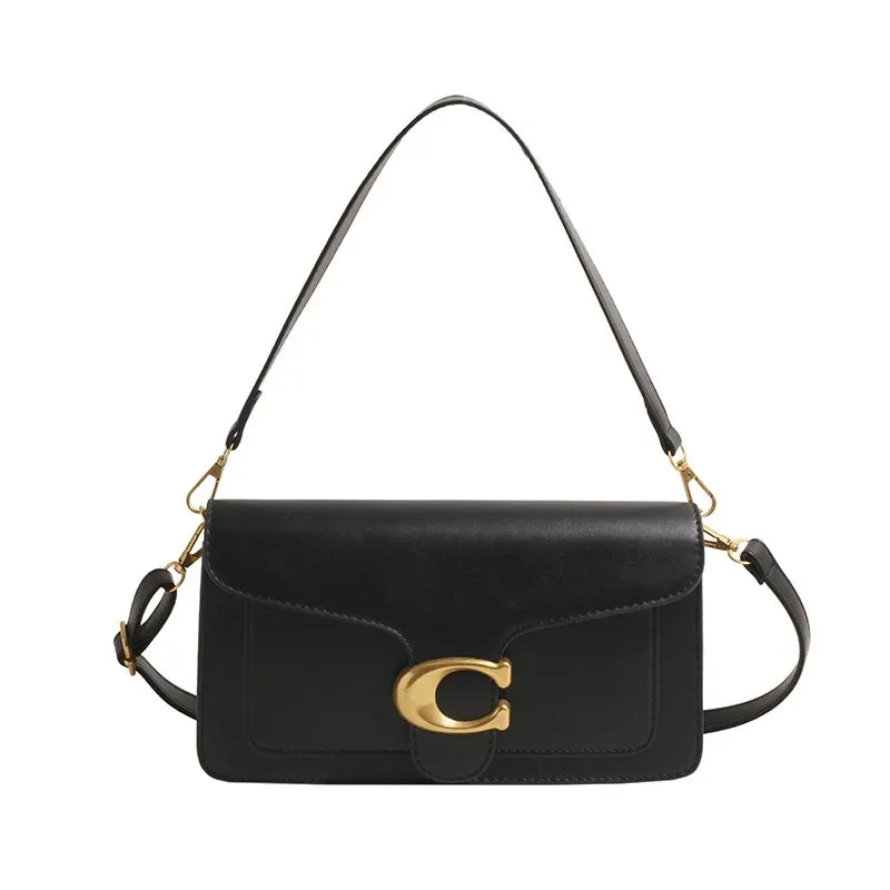 Minimalist Square Leather Crossbody Bag with Brass Buckle