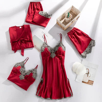 Maelin | 5‑Piece Lingerie Set with Lace Trim, Adjustable Straps & Matching Robe