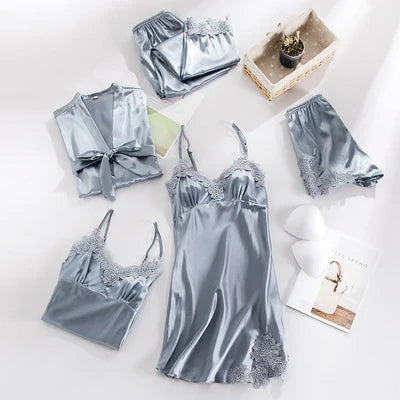 Maelin | 5‑Piece Lingerie Set with Lace Trim, Adjustable Straps & Matching Robe