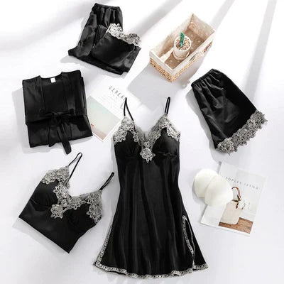 Maelin | 5‑Piece Lingerie Set with Lace Trim, Adjustable Straps & Matching Robe