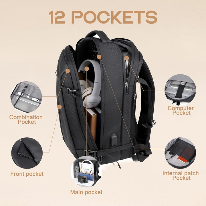 40L Expandable Waterproof Travel Backpack | USB Port & 17” Laptop Compartment