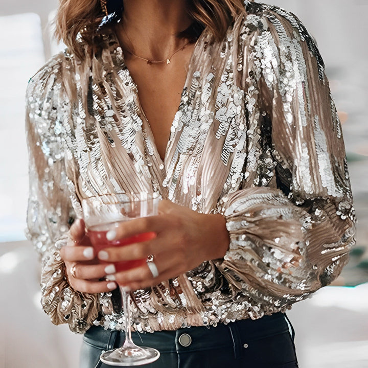 Oriara | Sequin V-Neck Folded Blouse