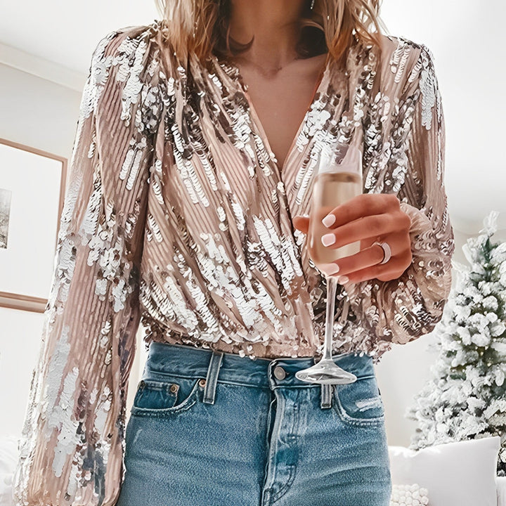 Oriara | Sequin V-Neck Folded Blouse