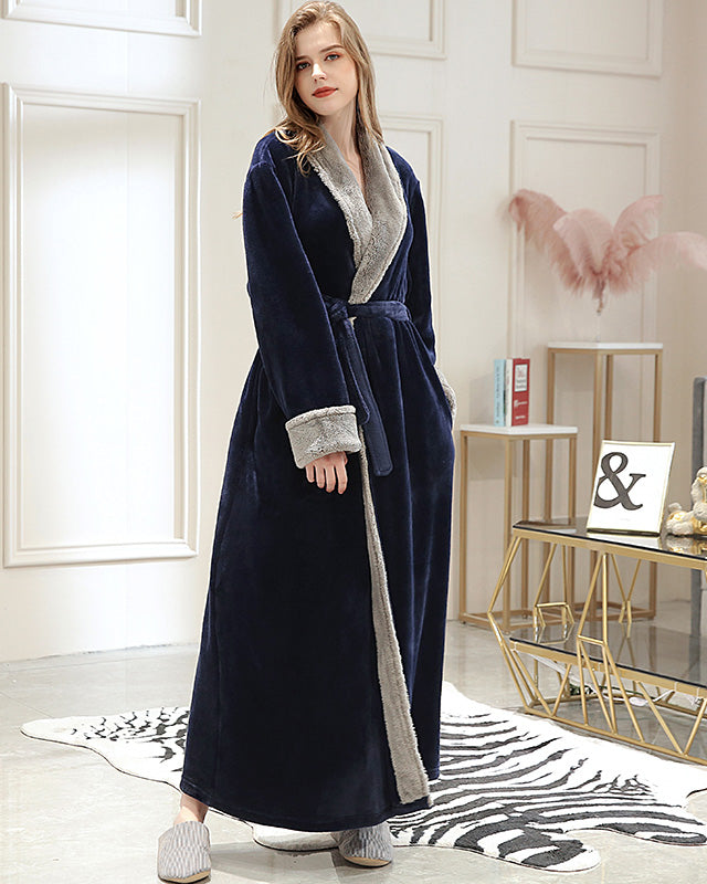 Women’s Navy Blue Plush Robe with Grey Faux Fur Trim