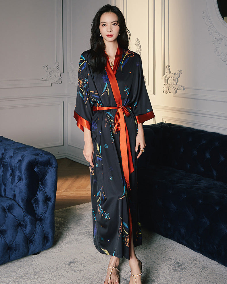 Women’s Navy Blue Floral Satin Robe with Coral Trim