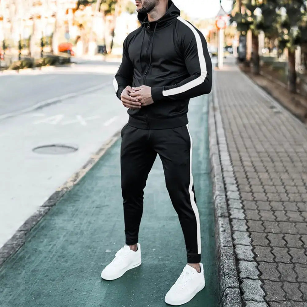 Men's Hooded Tracksuit with White Side Stripes | Relaxed Fit