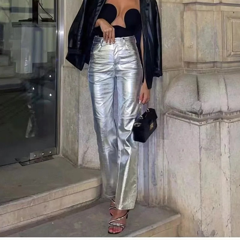Miren | Women’s Stylish Metallic Silver Pants