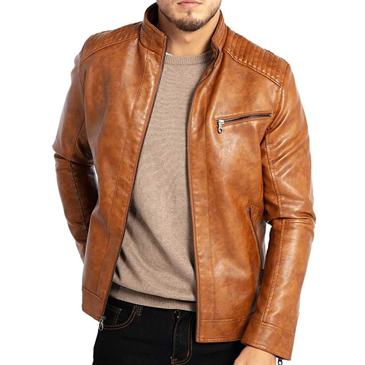 Men's Stand-Up Collar Zip-Up Biker Style Jacket