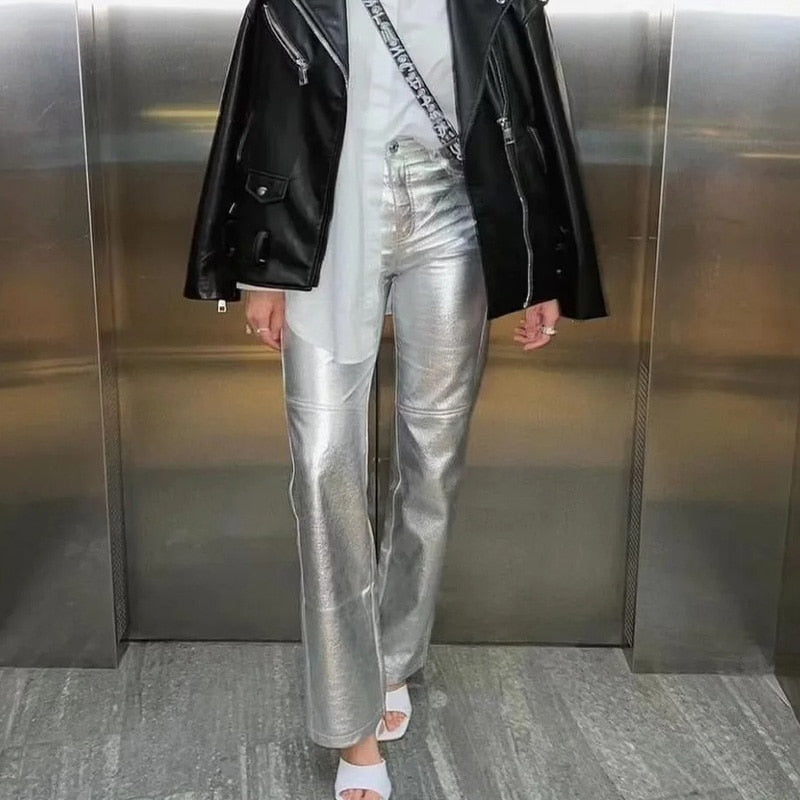 Miren | Women’s Stylish Metallic Silver Pants