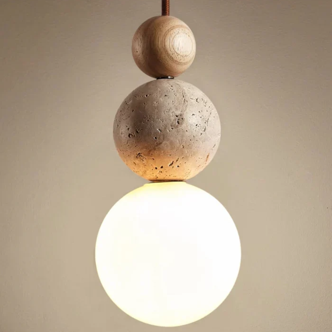 Modern Travertine and Mahogany Pendant Light