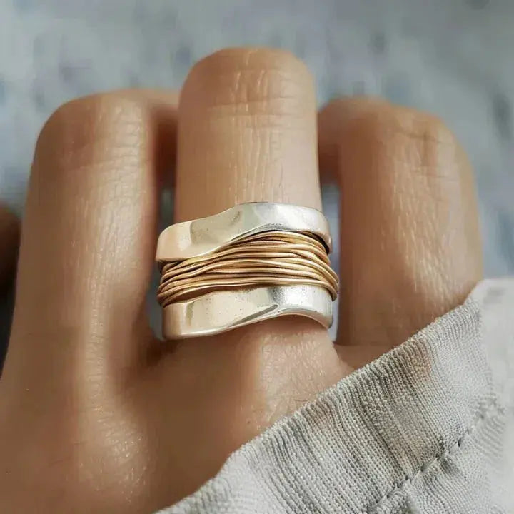 Sculptural Silver Ring with Golden Thread Accents