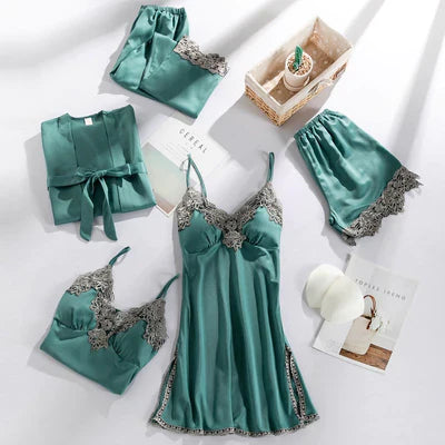 Maelin | 5‑Piece Lingerie Set with Lace Trim, Adjustable Straps & Matching Robe