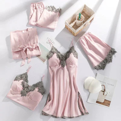 Maelin | 5‑Piece Lingerie Set with Lace Trim, Adjustable Straps & Matching Robe