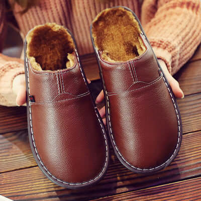 Unisex Waterproof Faux Leather Slippers | Warm Inside