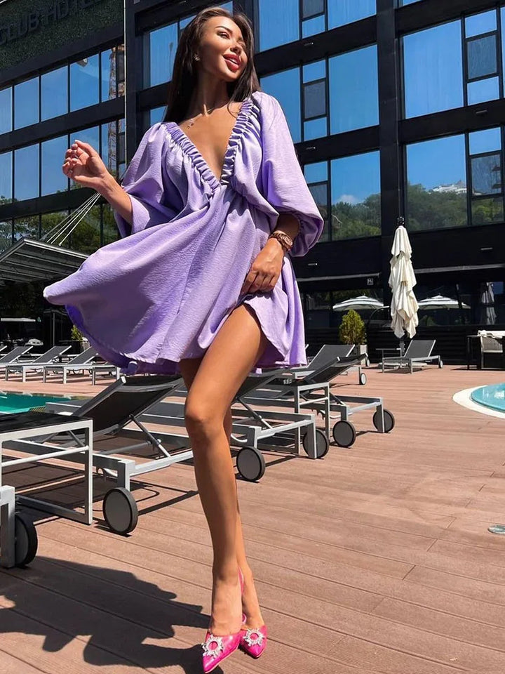 Vaenya | Boho Mini Dress with Long Sleeves and V-Neck