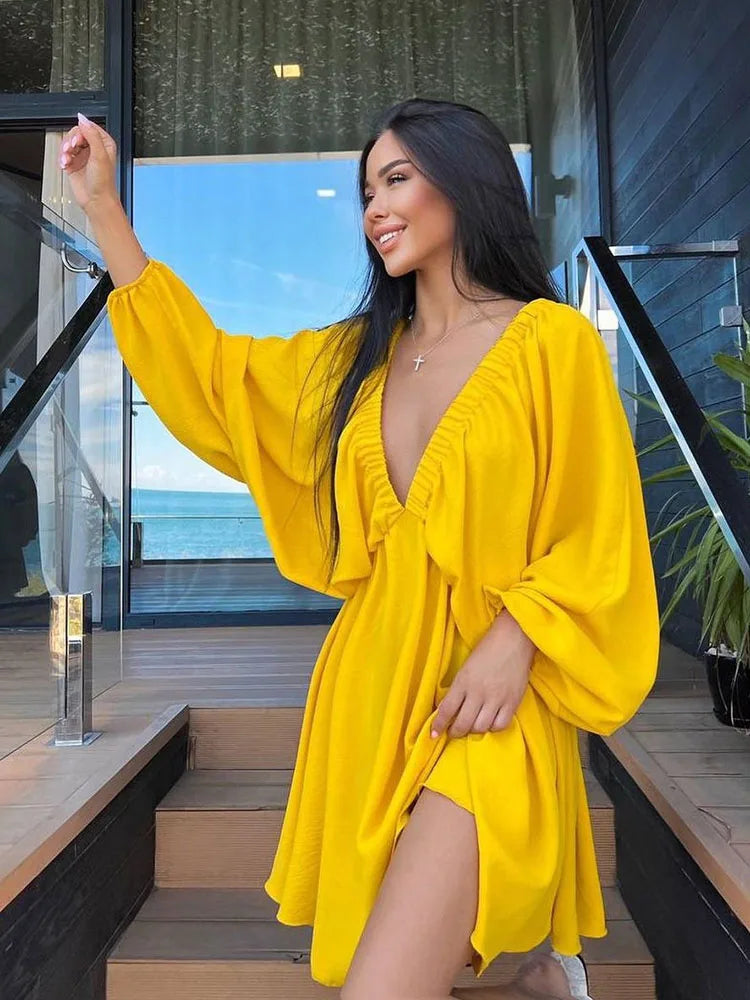 Vaenya | Boho Mini Dress with Long Sleeves and V-Neck