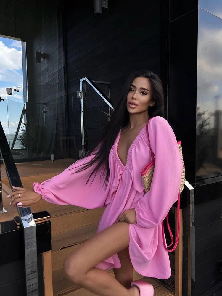 Vaenya | Boho Mini Dress with Long Sleeves and V-Neck