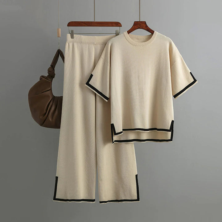 Paelis | Women’s 2‑Piece Outfit with V‑Neck Top & Wide-Leg Pants