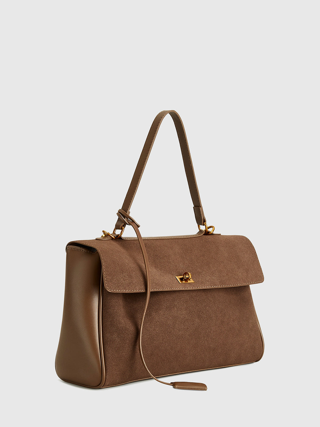 Structured Flap Suede Shoulder Bag with Leather Trim