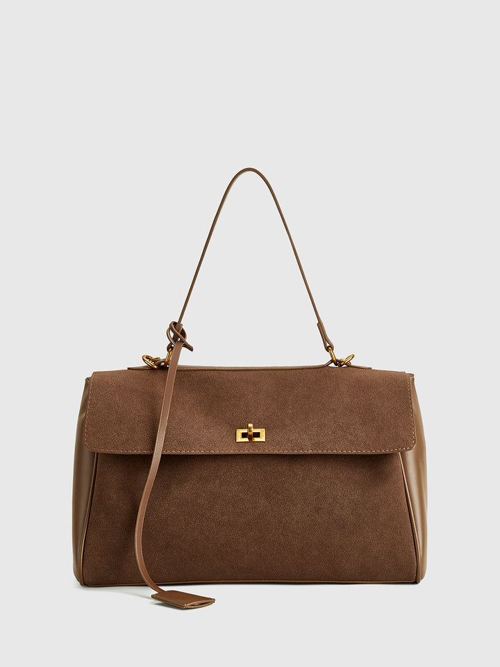 Structured Flap Suede Shoulder Bag with Leather Trim