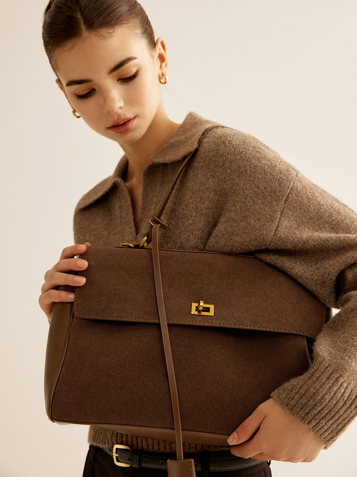 Structured Flap Suede Shoulder Bag with Leather Trim