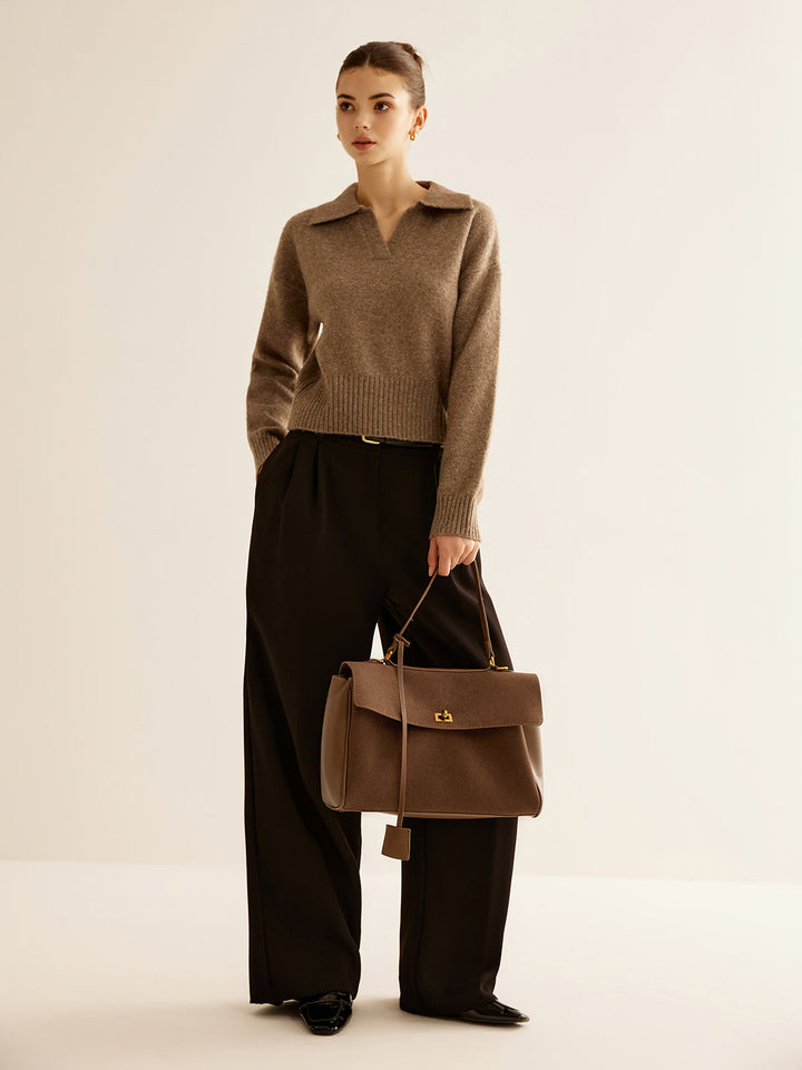 Structured Flap Suede Shoulder Bag with Leather Trim
