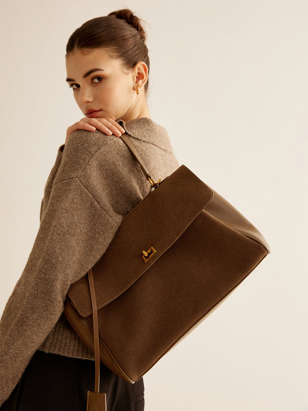 Structured Flap Suede Shoulder Bag with Leather Trim