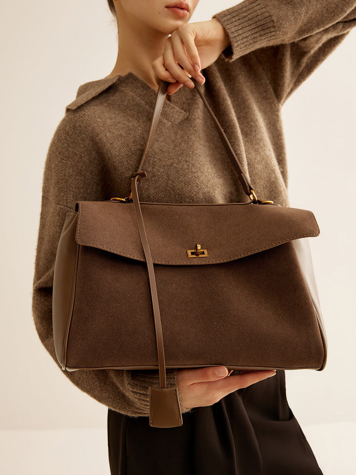 Structured Flap Suede Shoulder Bag with Leather Trim