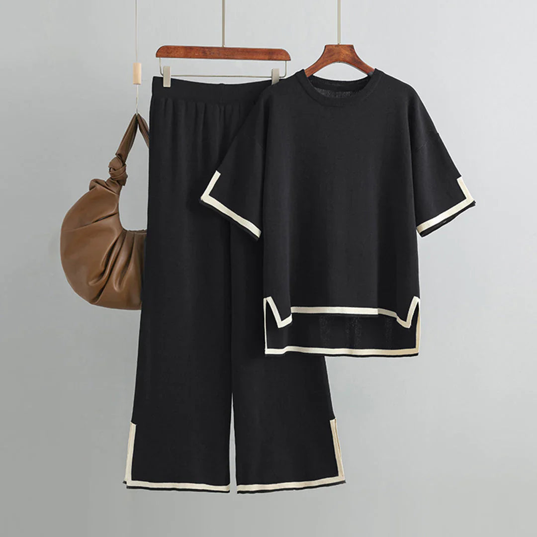 Paelis | Women’s 2‑Piece Outfit with V‑Neck Top & Wide-Leg Pants