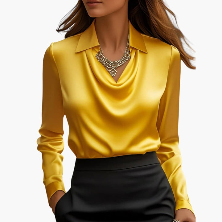 Women’s Satin Style Draped-Neck Long-Sleeve Blouse