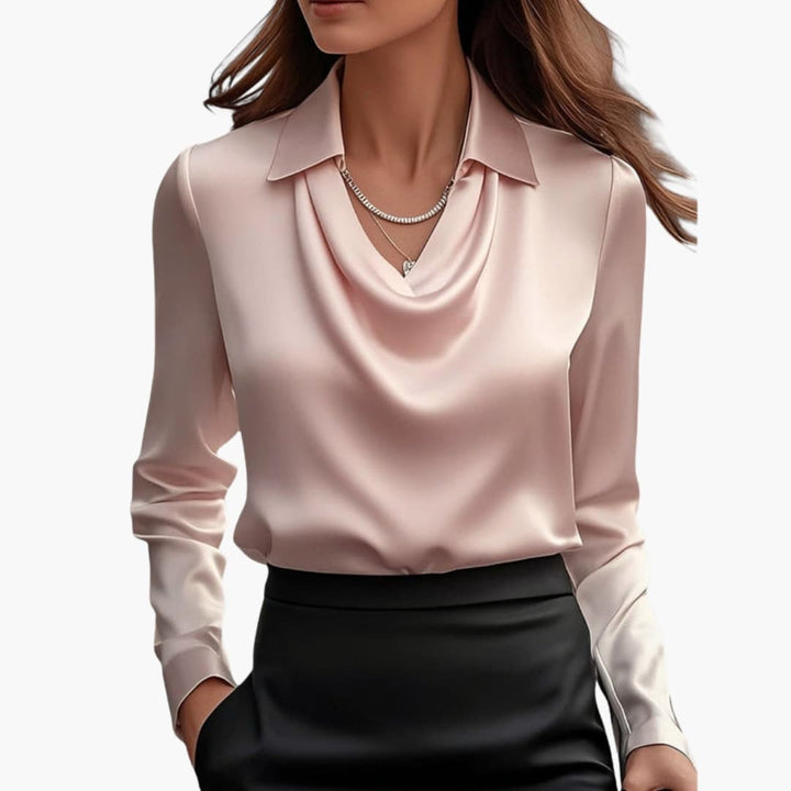 Women’s Satin Style Draped-Neck Long-Sleeve Blouse