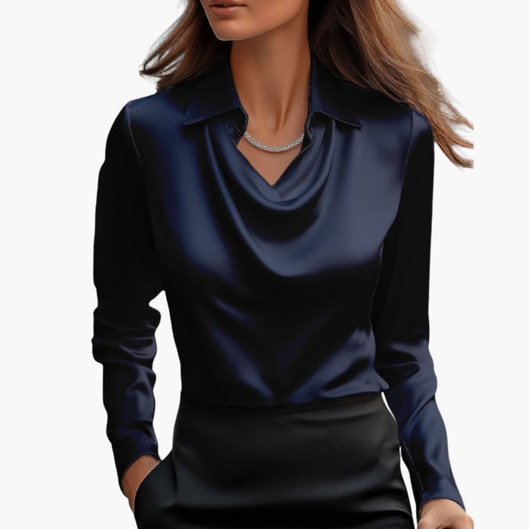 Women’s Satin Style Draped-Neck Long-Sleeve Blouse
