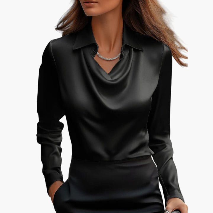 Women’s Satin Style Draped-Neck Long-Sleeve Blouse