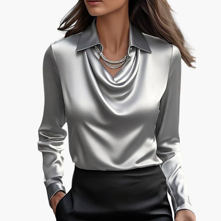 Women’s Satin Style Draped-Neck Long-Sleeve Blouse