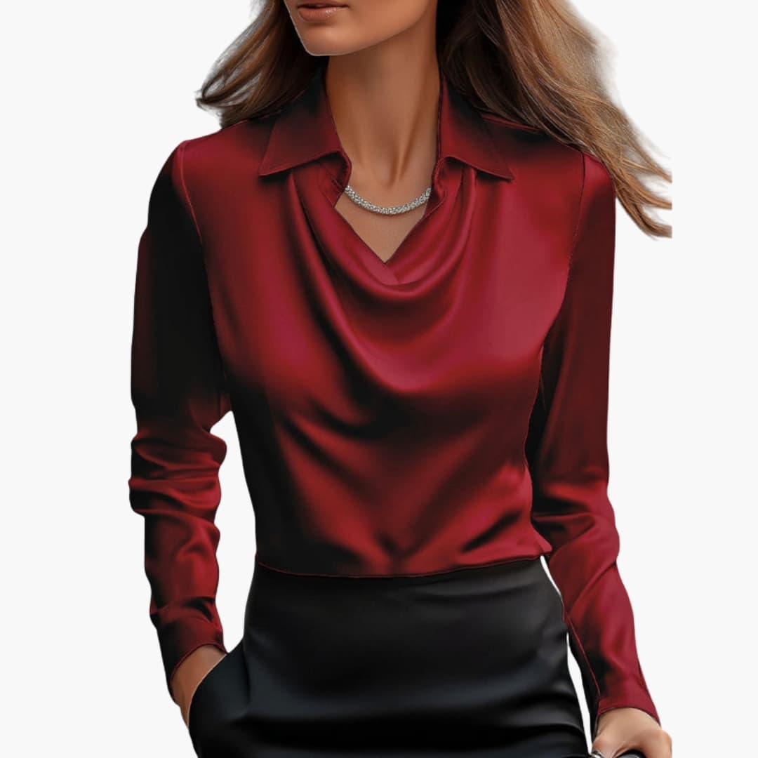 Women’s Satin Style Draped-Neck Long-Sleeve Blouse