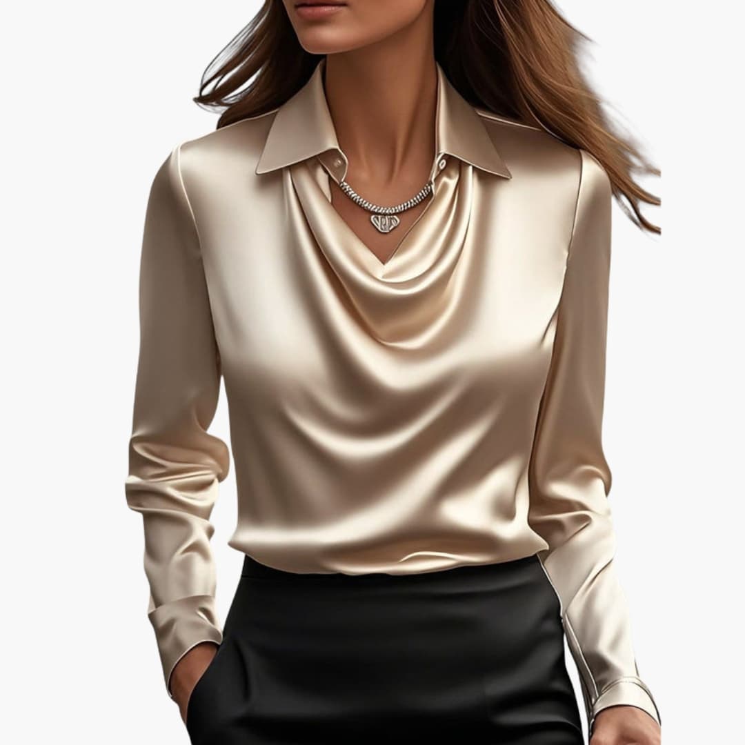 Women’s Satin Style Draped-Neck Long-Sleeve Blouse