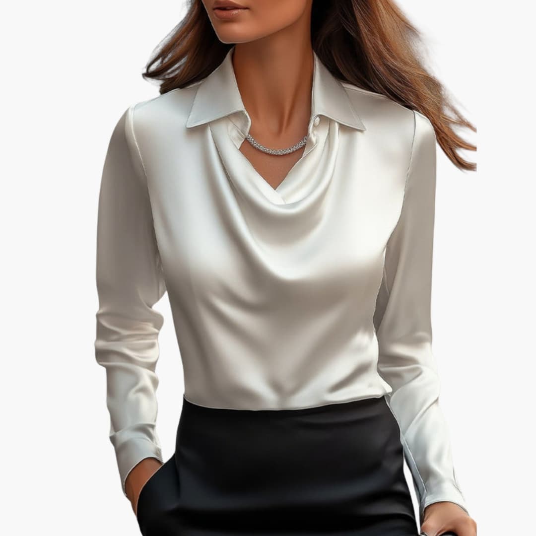Women’s Satin Style Draped-Neck Long-Sleeve Blouse