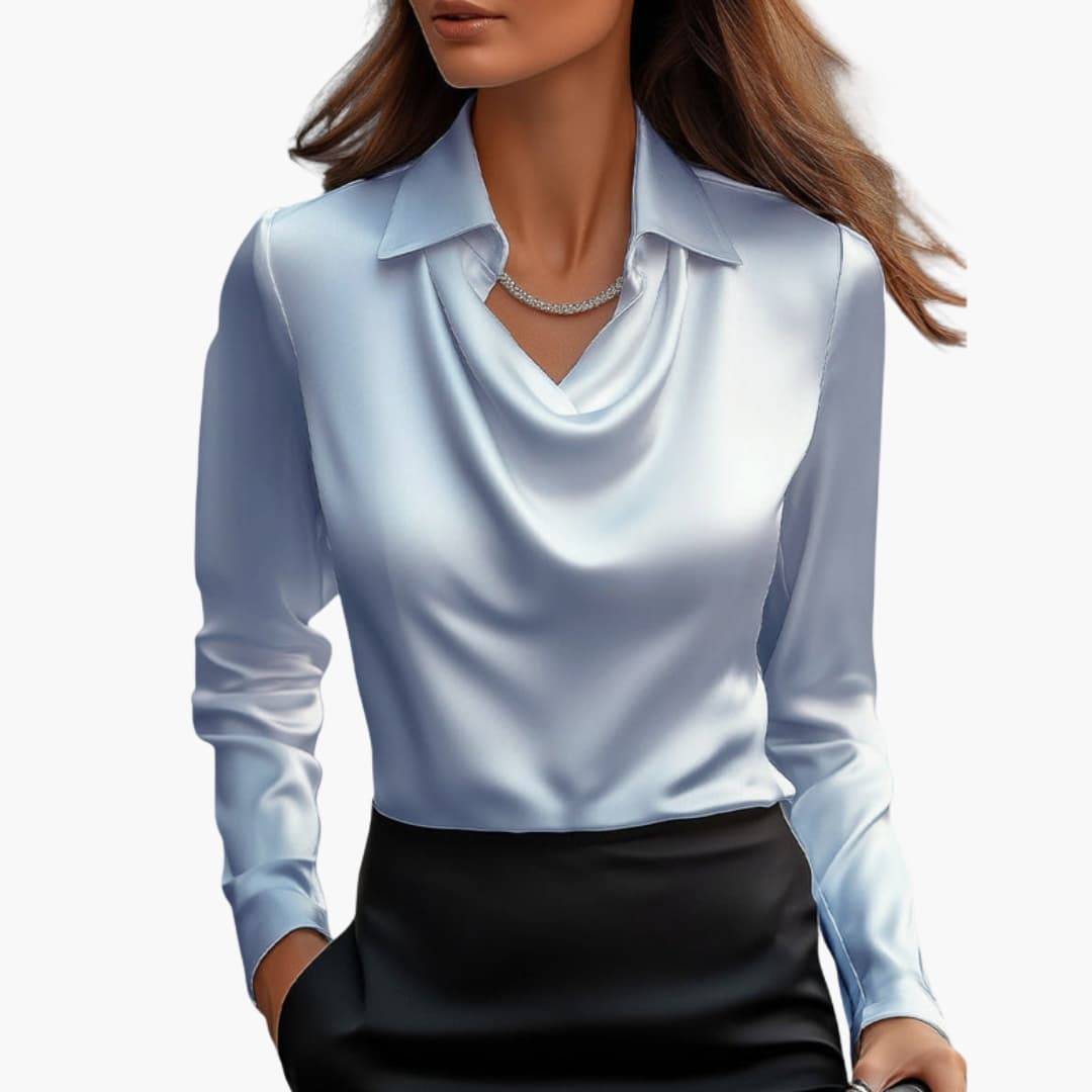 Women’s Satin Style Draped-Neck Long-Sleeve Blouse