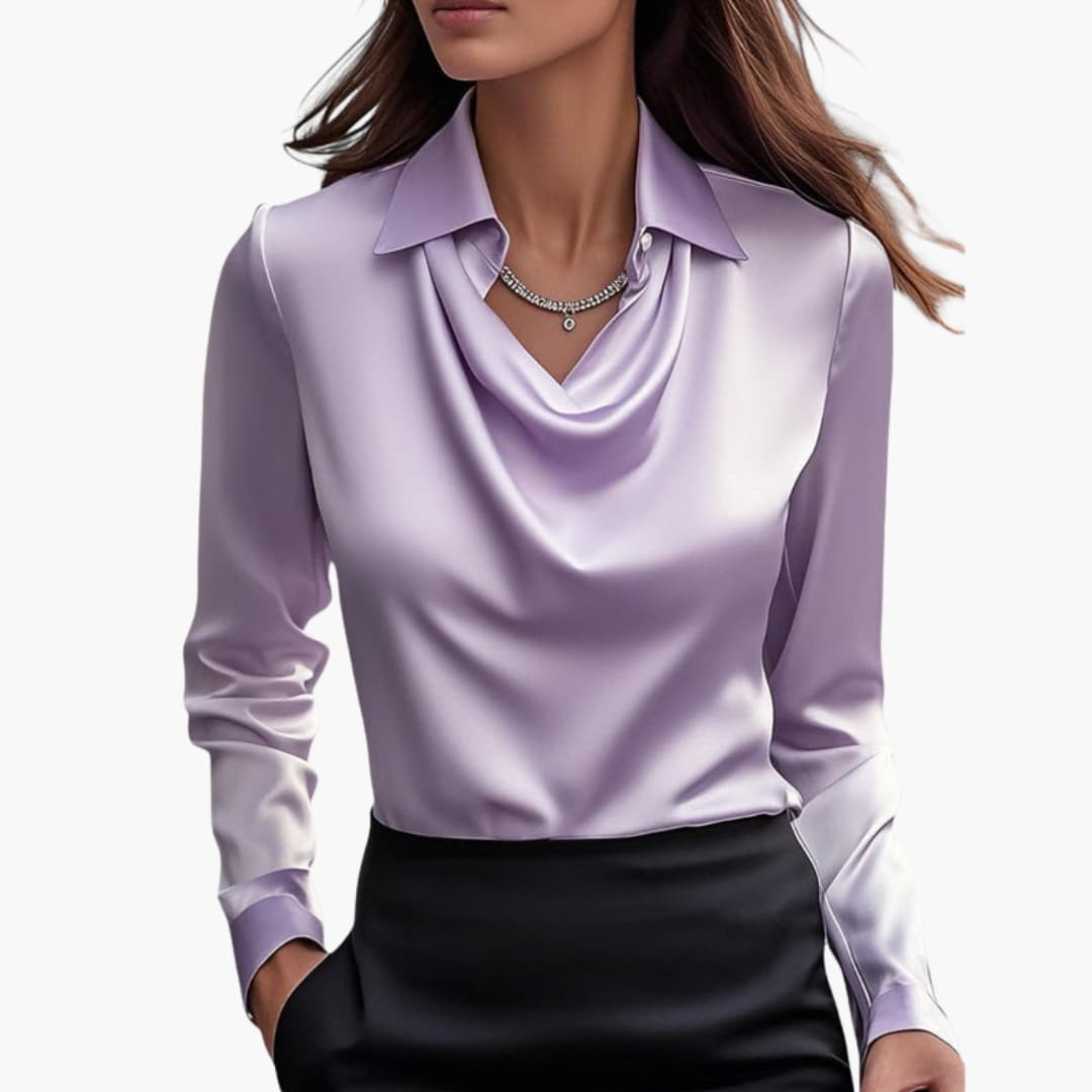 Women’s Satin Style Draped-Neck Long-Sleeve Blouse