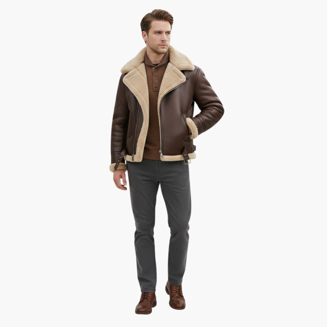Men’s Aviator Bomber Jacket | Faux-Shearling Collar Zip-Up Winter Coat