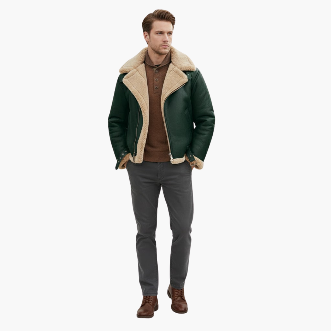 Men’s Aviator Bomber Jacket | Faux-Shearling Collar Zip-Up Winter Coat