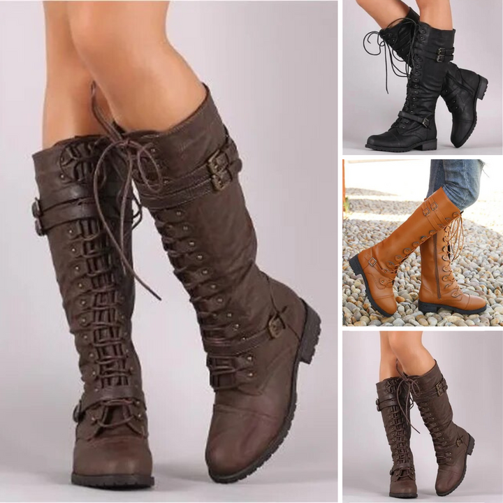 Women’s Retro Leather Lace-Up Boots with Buckle
