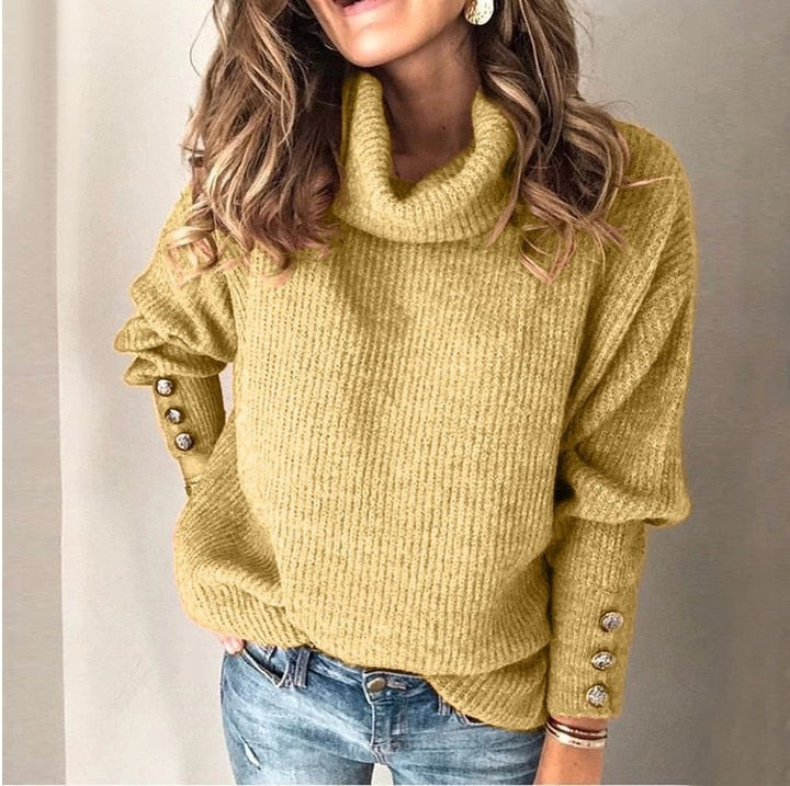 Women’s Knit Turtleneck Sweater | Button-Detail Sleeve