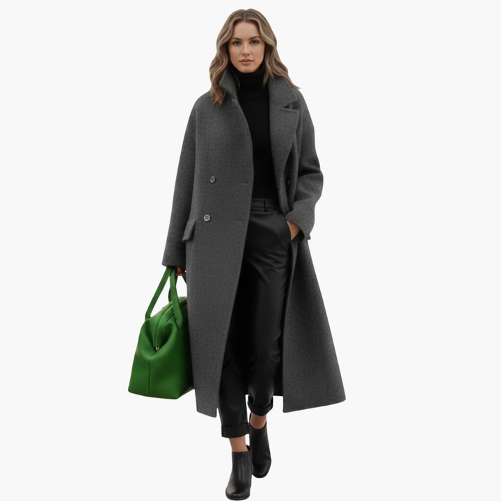 Women’s Long Cross-Front Coat | High-Collar Button-Up Winter Overcoat