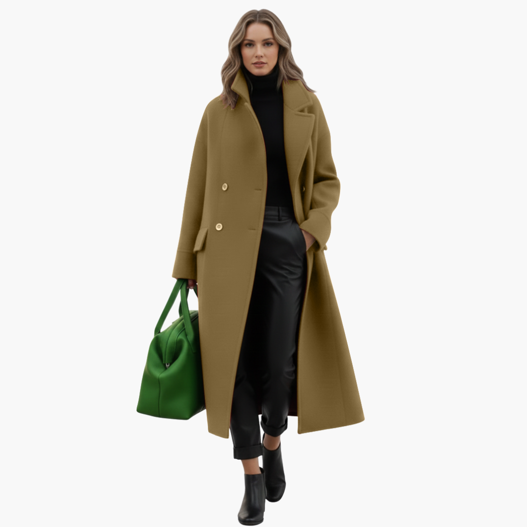 Women’s Long Cross-Front Coat | High-Collar Button-Up Winter Overcoat