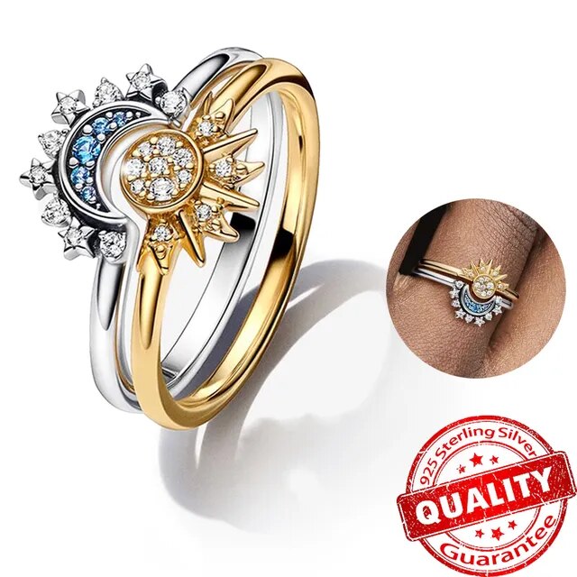 Amara | Sparkling Moon and Sun Silver Crystal Ring