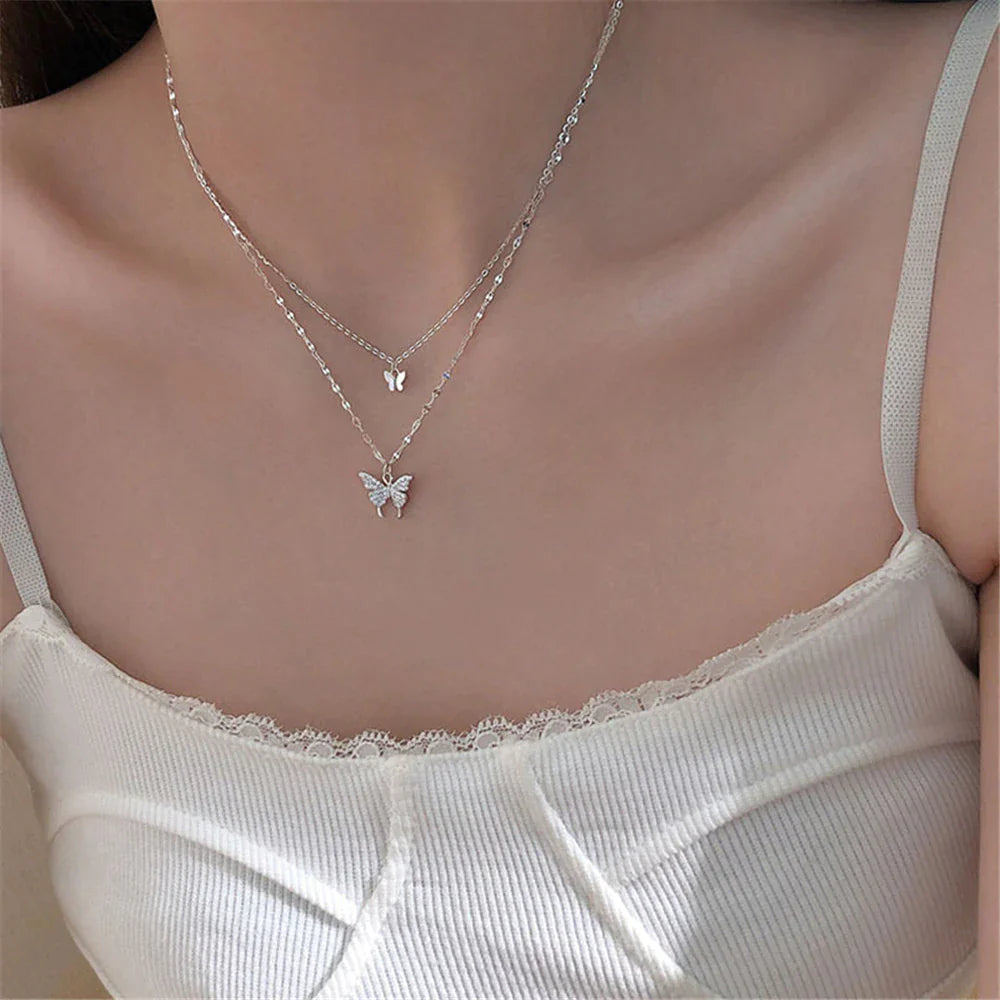 Vivienne | Elegant Silver Necklace Set with Shimmering Butterfly Pendant