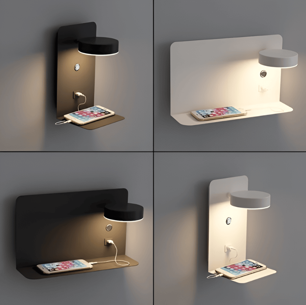 Aluminium Bedside Lamp with Shelf & USB Charging Port