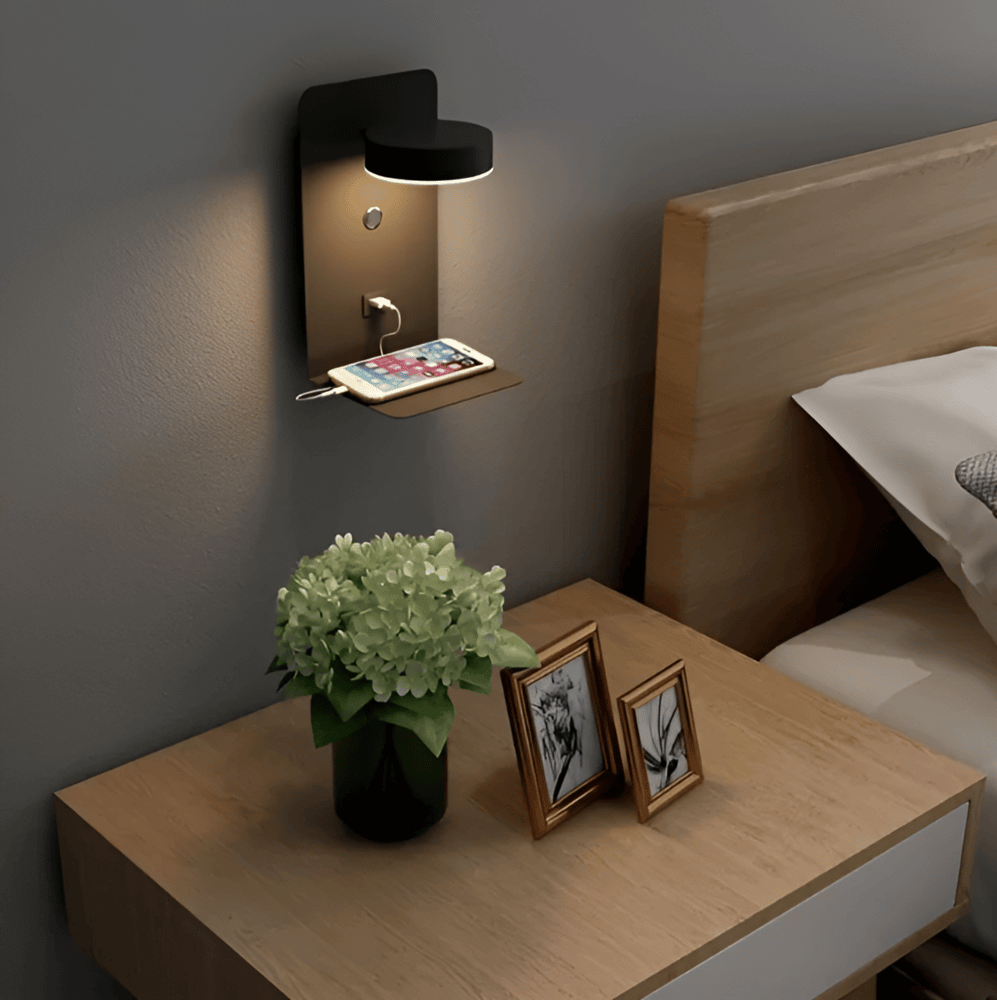 Aluminium Bedside Lamp with Shelf & USB Charging Port